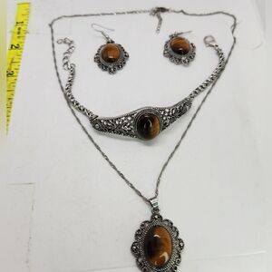 Canyon Sky 3 Piece Silver Tone Tigers Eye necklace Earrings Bracelet Set In box